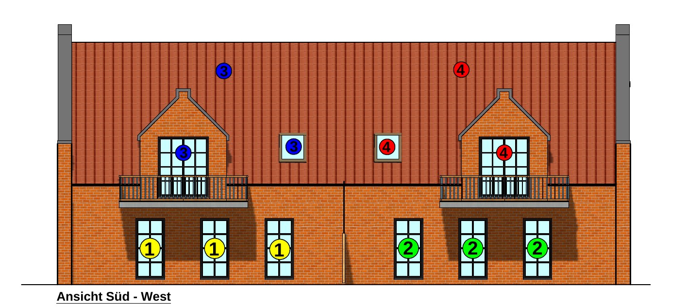 Architektenzeichnung der Südwest-Ansicht: Klinkerhaus mit zwei Zwerchgiebeln, Balkonen und Sprossenfenstern